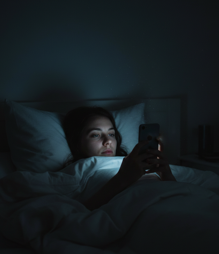 Pessoa sem dormir olhando o celular na cama
